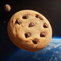 A highly detailed 4k render of a gigantic chocolate chip cookie drifting through space towards planet earth, CGSociety, ArtStation, Unreal Engine