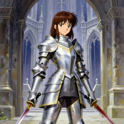 anime key visual of young female fantasy knight, shoulder length brown hair shining detailed platinum and gold trim armor, wielding two bloody daggers, standing in the doorway of an ancient stone silver monastery, style of jamie wyeth james gilleard edward hopper greg rutkowski acrylic painting, preserved museum piece, historical