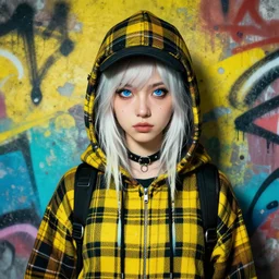 highly detailed portrait of a sewer punk lady student, blue eyes, tartan hoody, hat, white hair by atey ghailan, by greg tocchini, by kaethe butcher, by alex horley, by brian kesinger, gradient yellow, black, brown and cyan color scheme, grunge aesthetic!!! ( ( graffiti tag wall ) )