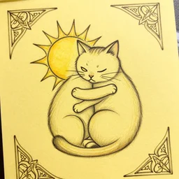 tattoo sketch of a cat hugging the sun, on a yellow paper, vyzantium ornament, line art
