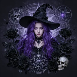 portrait of a young witch queen, mysterious, her hair is purple, she is surrounded by black roses, pentagrams, skulls, evil spell, beautiful digital art collage, epic, work of art, fine art