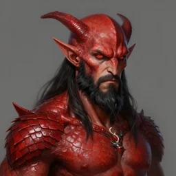 d & d style upper body portrait, male tiefling with red scales and black beard, highly detailed, ray tracing, digital painting, artstation, concept art, smooth, illustration