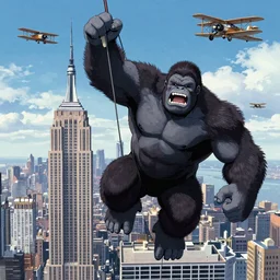 anime king kong climbing the empire state building with bi-planes flying around him