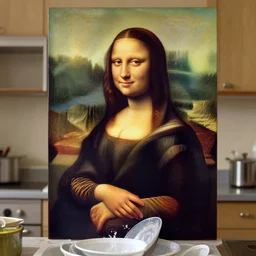 a woman standing in the kitchen wearing an apron, washing the dishes!!, looks like mona lisa, sharp focus, hyper realistic, centered, insanely detailed, a painting by leonardo da vinci