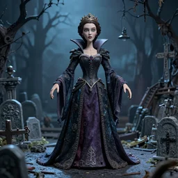 photo taken of an epic intricate, ultra detailed, super realistic stop motion puppet of a majestic gracious regal aristocratic brunette female vampires in a graveyard filmset created by weta workshop and tim burton, menacing, wide angle, full body shots, photorealistic, sharp focus, gloomy, extremely cold blueish colour temperature, 3 5 mm, f 1. 4