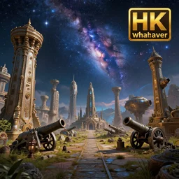 whatever, fantasy artwork, very very very beautiful scenery, super ancient relics, all kinds of future technology equipment and cannons, the sky is made up of cosmic stars, hd, hdr, ue 5, ue 6, unreal engine 5, cinematic 4 k wallpaper, 8 k, ultra detailed, high resolution, artstation, award winning