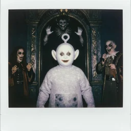 vladimir putin demonic horror jester face, in teletubby costume, polaroid black and white picture, 1 9 th century, scary horrifying satanic rituals, hell gate warhammer 4 0 k style
