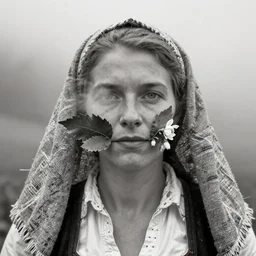 portrait photography tyrolean female farmer, leaves and edelweiss growing from face, hay cloths, desaturated, fog, 1. 2 f, 3 5 mm, dark, fog from eyes, 1 9 2 0 s ghost photography
