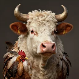 a hyper detailed full face portrait of a anthropomorphic joaquin!!! phoenix!!! as the king of animals, ( ( cow ) ) horns, ( ( ( pig nose ) ) ), sheep wool, chicken! feathers!!!, horror, by anna podedworna, by miklos ligeti, by diego maricato, by taran fiddler