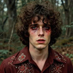 a beautiful but sinister young man in layers of fear, with haunted eyes and curly hair, 1 9 7 0 s, seventies, delicate embellishments, woodland, a little blood, crimson, painterly, offset printing technique, mary jane ansell