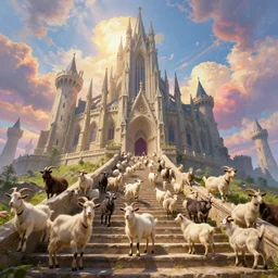 a herd of goats! on stairs in a beautiful fantasy castle, medieval citadel, medieval cathedral, many goats, magic, tall towers, gorgeous clouds, colorful, sunrays, digital painting, landscape, octane render, unreal engine, high detail, very realistic, by greg rutkowski. by james gurney