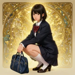 a digital concept art by artgerm and greg rutkowski and alphonse mucha. clear portrait of a squatting attractive japanese school girl in uniform!! sit on heels!! school bag, light effect. hyper detailed, character concept, glowing lights!! intricate, elegant, digital painting, artstation, smooth, sharp focus