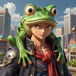 costume design made Oda Eiichiro, sophisticated composition, old masters light composition, procedurally generated, frogzilla creature, cityscape behind, substance designer, PBR, HD, Ultra detailed, hyperrealistic, megascans, volumetric light, concept by master artist, made in paint tool SAI2, trending pixiv face