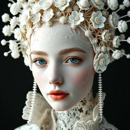 complex 3 d render hyper detailed ultra sharp beautiful futuristic stunning biomechanical emma watson with porcelain ivory face, medium shot portrait, close - up, filigree lace, iris van herpen cyberpunk daisies corals haute couture headdress with rhizomorph finials spires, brackets, fractal embroidered puffballs, octane render, 8 k