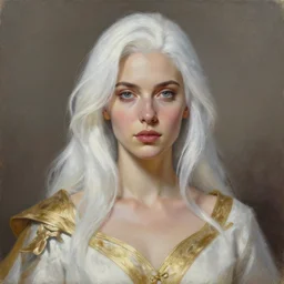 a painting of a woman with white hair, white and gold clothes, a character portrait by pogus caesar, featured on cgsociety, photorealism, detailed painting, artstation hd, ultra detailed