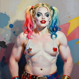 greg manchess portrait painting of margot robbie as beautiful thick very muscular roided harley quinn showing muscles, wide roided face, medium shot, asymmetrical, profile picture, organic painting, sunny day, matte painting, bold shapes, hard edges, street art, trending on artstation, by huang guangjian and gil elvgren and sachin teng
