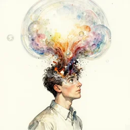 guy with a bubble bubble head exploding, ink and watercolor illustration masterpiece, perfectly realistic yet surreal, by mœbius