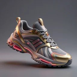 realistic 3 d render of a sculpture of one cyberpunk sneaker, beautiful studio lighting, soft, sharp focus, neon cyberpunk highlights, intricate detail, gold and red accents, soft rubber, octane render, side view, trending on artstation, deviantart, art by syd mead and issey miyake
