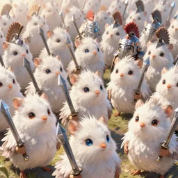 dungeons and dragons fantasy painting, close order phalanx of feathered mice spartans, 3 0 0, whimsical and cute, determined expressions, watery eyes, anime inspired, white fur, tufty whiskers, steel blades, dawn lighting, by brain froud jessica rossier and greg rutkowski