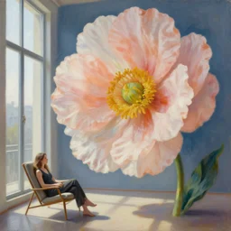 closeup, huge flower head, woman sitting on comfortable lounge chair by a tall window, surreal photography, studio light, impressionist painting, digital painting, artstation, simon stalenhag