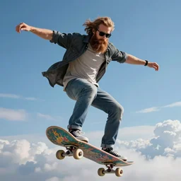 a man having long beard and wearing sunglasses traveling through skateboard in the heaven of paralleluniverse, full body , magical effect, clean and clear face , sharp image, illustration, glowing effect, 8k , concept art trending on artstation, hyperdetailed, hyperreal , ultra reasltic