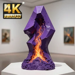 geometric statue!!!, purple shattered paint!, hot glowing lava!!!!, (((conglomerate!, slush)), abstract!, museum display! 4k!, award-winning photo!!!!