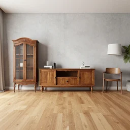 photorealistic render of a living room, wooden floor, concrete wall, victorian furniture, scandinavian architecture