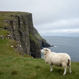 faroese landscape. a cliff in the left background. white sheep in the foreground looking at the cliff. by william turner