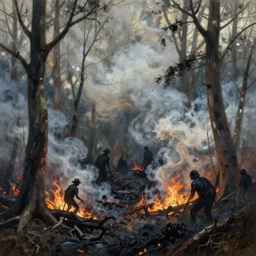 burned forest, smoke, shadowy creatures, extremely detailed oil painting, unreal 5 render, rhads, sargent and leyendecker, savrasov levitan polenov, bruce pennington, studio ghibli, tim hildebrandt, digital art, landscape painting, octane render, beautiful composition, trending on artstation, award winning photograph, masterpiece