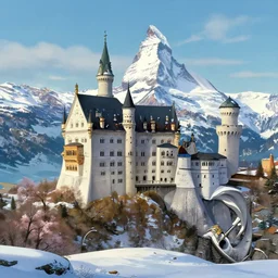 a wholesome animation key shot, castle in the middle, swiss alps ( matterhorn ) in the background, snow in the foreground, studio ghibli, pixar and disney animation, sharp, rendered in unreal engine 5, anime key art by greg rutkowski, bloom, dramatic lighting