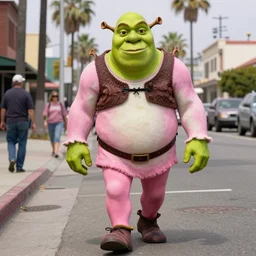 Shrek in a Pink Morph Suit walking on the streets of L.A in the mid-2000s, photo taken in the 2000s, photograph, real, realistic, real life, in real life, hyperrealistic, cool, nostalgic, epic, detailed, very detailed, highly detailed, digital art, trending on artstation, in the style of Jamie Hewlett