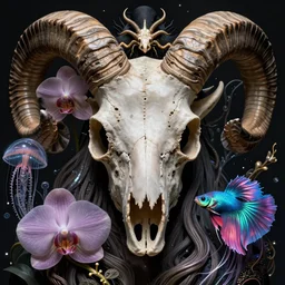 goddess close - up portrait ram skull!!! jellyfish phoenix head, nautilus, orchid, ram skull, betta fish, bioluminiscent creatures, intricate artwork by tooth wu and wlop and beeple. octane render, trending on artstation, greg rutkowski very coherent symmetrical artwork. cinematic, hyper realism, high detail, octane render, 8 k