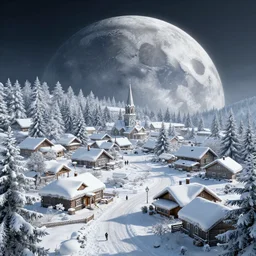 a snowy village on the moon, 8 k, highly detailed, unreal engine render