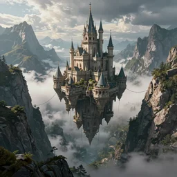 an immense floating castle, in the middle of high mountains, hanging by chains, inside a gorge, below only cloud dark void, 8 k resolution, artstation trends, by simon bisley, beeple, justin gerard