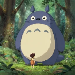 a small boy discovers a giant cute fluffy monster in a misty forest, painting by studio ghibli, cgsociety