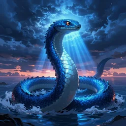 ancient sea serpent beneath a stormy sky, sunset, with blue light piercing through clouds, royal blue colors, lighting refraction, volumetric lighting, pixiv art, highly detailed, anime art, symmetrical, wlop, peter mohrbacher and greg rutkowski