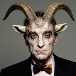 actor Sean Connery in Elaborate Pan Satyr Goat Man Makeup and prosthetics designed by Rick Baker, Hyperreal, Head Shots in the style of Annie Leibovitz