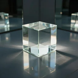 a square glass cube in the middle of a mirror room, natural lighting, cinematic lighting, 4 k, global illumination