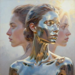 3 d, close - up, fashion model, liquid metal, morning, sun rays, poster art, hyper detail, intricate oil painting, multiple exposure, 3 d, by stanley kubrick and tooth wu and wlop and beeple and greg rutkowski