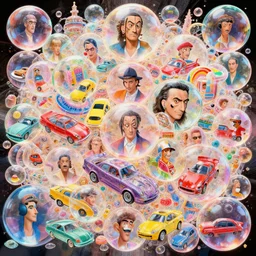 candy bubbles cars by artgerm, beeple, dali, bernardi, elson, gric, mcquarrie, lacoste, rhads, mccall, rodney matthews, gonsalves, walotsky, shiki, ishinomori, aivazovsky, stella, stephanie law, syd mead. artstation, award, masterpiece, intricate, translucent