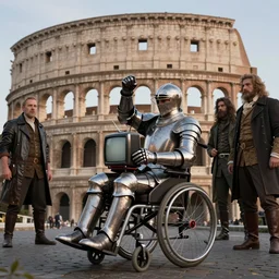 knight in rich armor in a wheelchair do tricks & watch old tv, rome, highly detailed, soft lighting, elegant, by edward hopper and james gillard, zdislaw beksinski, stephen outram, andreas m wiese, carl spitzweg, syd mead, highly detailed, masterpiece, unreal 6, 8 k