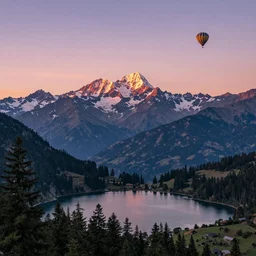 breathtaking himalayan landscape, pastel sunset, lake, pine trees, hot air balloon, last light on a mountain top, dreamy colors, photorealistic, landscape photography, beautiful, 4 k, trending on artstation, serene, bliss, national geographic