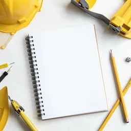a note book with construction materials around it