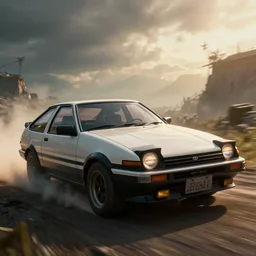 ae86 drive car, an epic fantasy, dramatic lighting, cinematic, establishing shot, extremely high detail, photorealistic, cinematic lighting, artstation, by simon stalenhag, horizon forbidden west