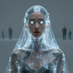 portrait of an elegant woman, covered in transparent cloth, plastic, glowing eyes, flat background, masterpiece, glowing, wires everywhere, by edgar maxence and ross tran, zdzisław beksinski, and michael whelan, distant, gustav dore, h. r. giger, 8 k, octane render