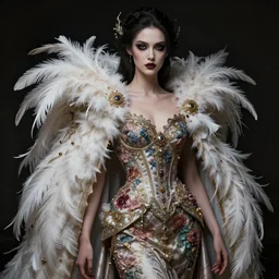 real photoshoot a beauty heaven goddess, wearing a feathered cloak and a fancy silk floral dress, ornate, ultra realistic, concept art, intricate details, eerie, highly detailed, photorealistic, octane render, 8 k, unreal engine. ruan jia, wlop. scifi, fantasy, intense colors, hyper detailed, octane render, concept art, by peter mohrbacher, by wlop