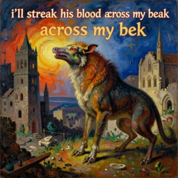 dramatic lighting colorful surrealist symbolist oil painting titled'i'll streak his blood across my beak ', magical realism symbolist, ruined city landscape with hybrid animal protagonist, painted by arnold bocklin and odilon redon and max ernst, shocking detail trending on artstation 8 k