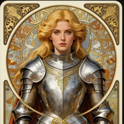 head-on symmetrical centered painted portrait, Elisha Cuthbert as a paladin, blonde hair, ornate steel armour, art nouveau, tarot card style, medieval robes, fantasy, intricate, elegant, highly detailed, smooth, sharp focus, illustration, artstation, in the style of Artgerm and Anna Podedworna and Alex Ross and Mucha