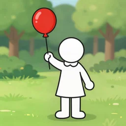 stick figure of a girl holding a red balloon in a park