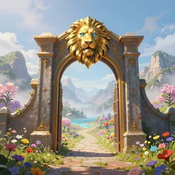 A giant medieval fantasy energy portal gate with a rusty gold carved lion face with blue glowing eyes at the center of the gate, the portal takes you to another world, full of colorful flowers on the lost Vibes and mountains in the background, spring, delicate fog, sea breeze rises in the air, by andreas rocha and john howe, and Martin Johnson Heade, featured on artstation, featured on behance, golden ratio, ultrawide angle, f32, well composed, rule of thirds, center spotlight, low angle view
